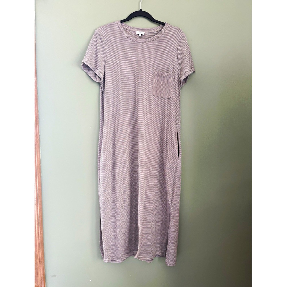 VOY Women's Gray Striped Knit Maxi T-Shirt Dress Pockets Side Slits S